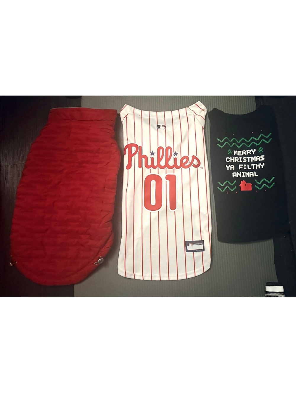 Philadelphia Phillies Dog Baseball Jersey and Red Puffer Dog Coat Set